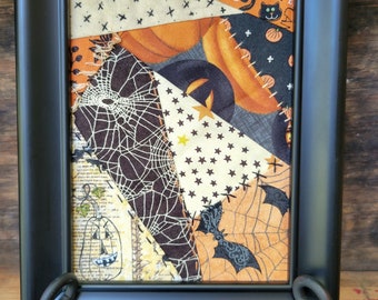 Framed Halloween Crazy Patch Quilt Block Fabric Collage