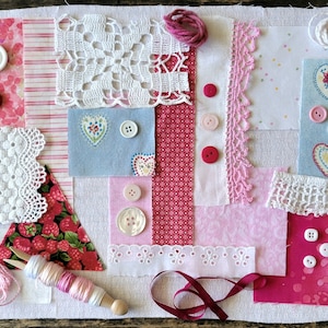 Slow Stitch Pink Embroidery Kit, Fabric Journaling, Mindfulness Collage