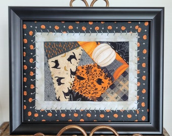 Framed Halloween Crazy Patch Quilt Block Fabric Collage