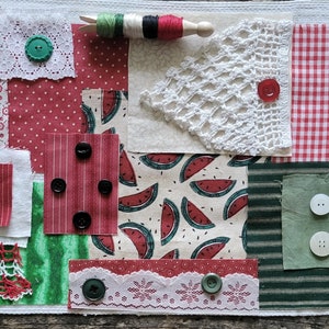 Watermelon Theme Embroidery Kit Slow Stitch Fabric Journaling, Mindfulness Collage