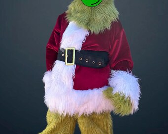 Costume Da Grande Mostro Verde Per Uomo 7 Pezzi Vestito Da Babbo Natale Adulto Peloso Deluxe Di Natale Vestito Verde A,M