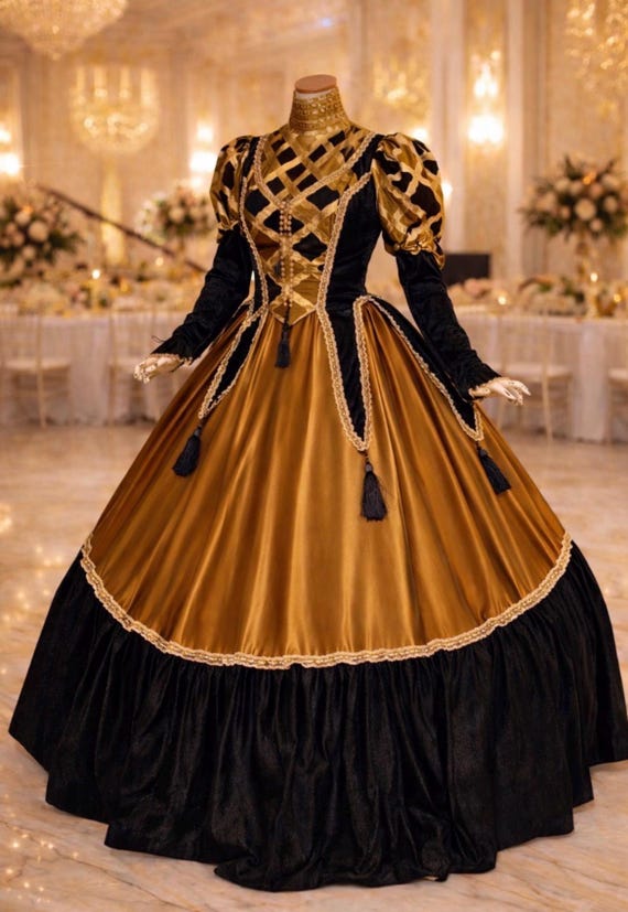 black and gold victorian dress Black & Gold Silk Venetian Courtesan Gown Redux
