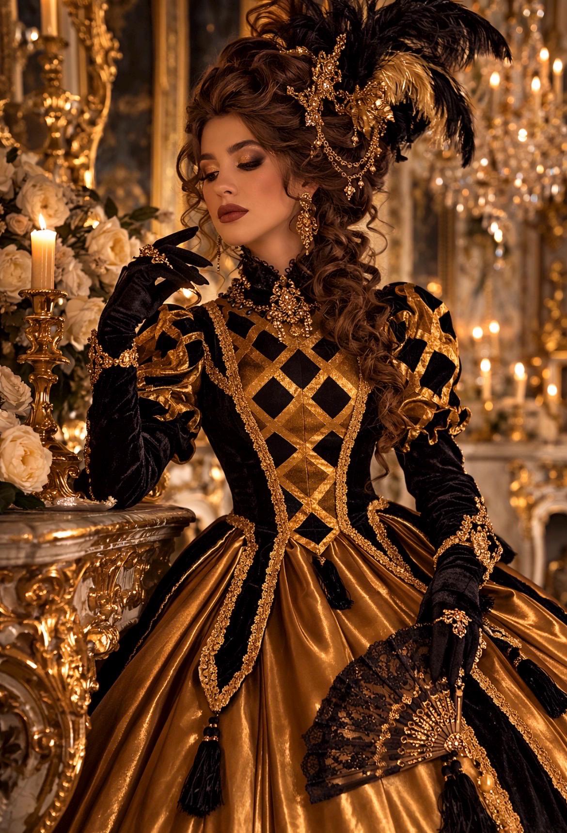 Versailles Masquerade Ball Costume Baroque Black Gold Dress With Corset, Crinoline Skirt, Mask and Feather Hat - Etsy Versailles Masquerade Ball Costume Baroque Black Gold Dress With Corset, Crinoline Skirt, Mask and Feather Hat - Etsy