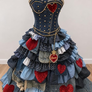Ready to go. Denim Queen Heart Costume Set – Couture Blue Patchwork Dress, Victorian Inspired Outfit,
