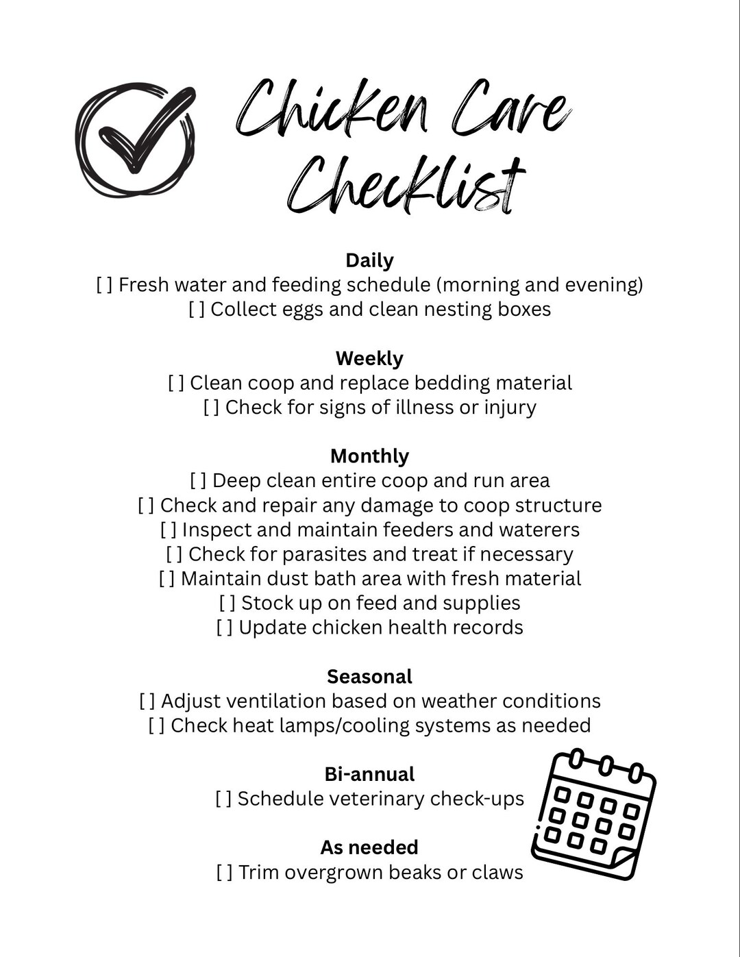 View of Chicken Care Checklist | Daily, Weekly, Monthly (digital Download) - Etsy