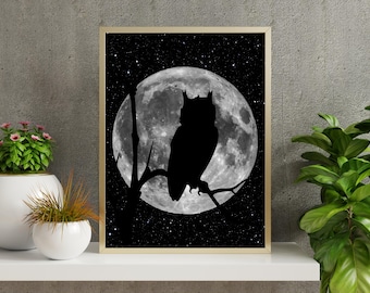 Owl Silhouette Print: Full Moon Starry Night (Digital Download)