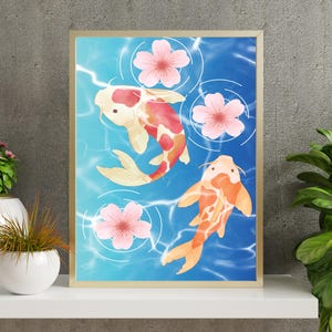 May include: Two orange and red koi fish swim in a blue and white water pattern with pink cherry blossoms. The fish are swimming in a circular pattern with the blossoms.