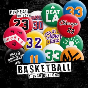 Botones de baloncesto de 1 pulgada (25 mm) con pin trasero: pines de la NBA para camisetas, chaquetas, mochilas, etc.