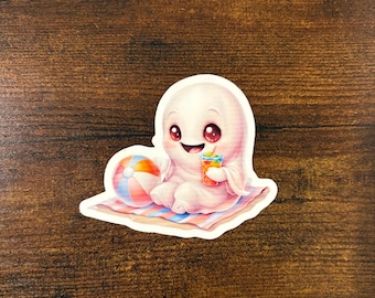 Summerween cute ghost sitting on the beach waterproof sticker kindle sticker Halloween sticker Halloween decal laptop