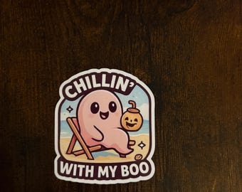 cute ghost on the beach waterproof sticker Summerween sticker kindle sticker water bottle sticker ghost sticker pink Halloween
