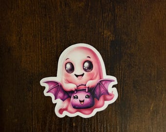 cute pink ghost with a trick or treat pail waterproof sticker summerween sticker kindle sticker laptop sticker ghost stickers Halloween