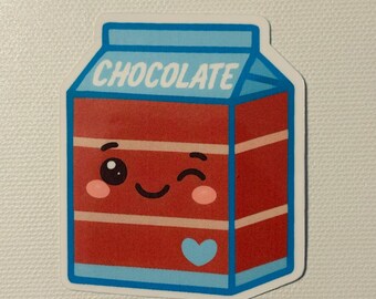 May include: A sticker of a cartoon chocolate milk carton. The carton is red with horizontal white stripes and a blue top. The word "CHOCOLATE" is printed on the top. The carton has a winking face with pink cheeks and a blue heart.