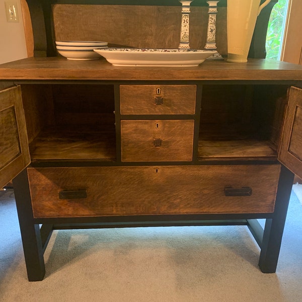 Pick up only- Original Vintage Tiger Oak and Matte Black Sideboard