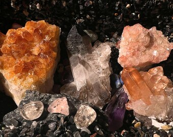 Raw Crystal Display Box | Citrine Cluster, Tangerine Quartz, Smoky Quartz | Lithium Quartz | Onyx Base