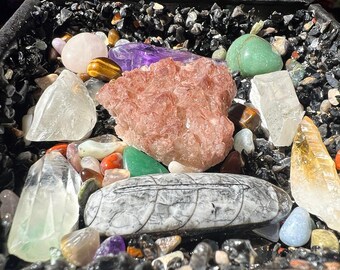 Rock Box: A Global Tragedy ft. Amethyst, Fuchsite, Lithium Quartz, and Orthoclorosaurus | Onyx Base