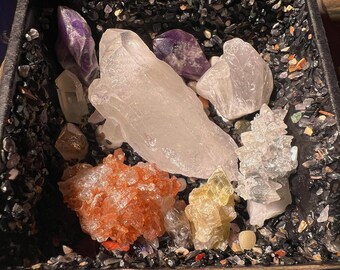 Raw Crystal Display Box | Tangerine Quartz, Amethyst, Smoky Quartz, Fuchsite, Onyx Base