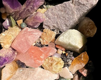 15+ Raw Crystal Collection on Onyx Base | Amethyst Citrine Rose Quartz Calcite