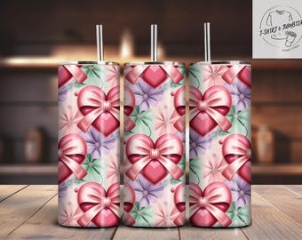 Pink Bow Valentine Tumbler PNG | Coquette Wrap | Girly Love Hearts Design | Valentine Sublimation File
