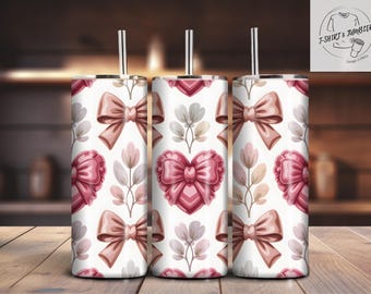 Pink Bow Valentine Tumbler PNG | Coquette Wrap | Girly Love Hearts Design | Valentine Sublimation File
