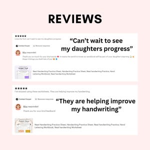 Puede incluir: Imagen de rese&ntilde;as de clientes para hojas de pr&aacute;ctica de escritura a mano. Las rese&ntilde;as incluyen texto como "Can't wait to see my daughters progress" y "They are helping improve my handwriting". El fondo es de color rosa claro.