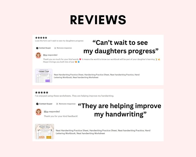 Puede incluir: Imagen de rese&ntilde;as de clientes para hojas de pr&aacute;ctica de escritura a mano. Las rese&ntilde;as incluyen texto como "Can't wait to see my daughters progress" y "They are helping improve my handwriting". El fondo es de color rosa claro.