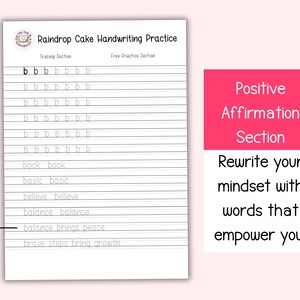 Puede incluir: Una hoja de trabajo de pr&aacute;ctica de escritura a mano titulada "Raindrop Cake Handwriting Practice" con secciones de trazado y pr&aacute;ctica libre. La hoja de trabajo incluye l&iacute;neas para practicar la letra "b" y palabras como "book" y "basic". Un cuadro rosa a la derecha contiene afirmaciones positivas.