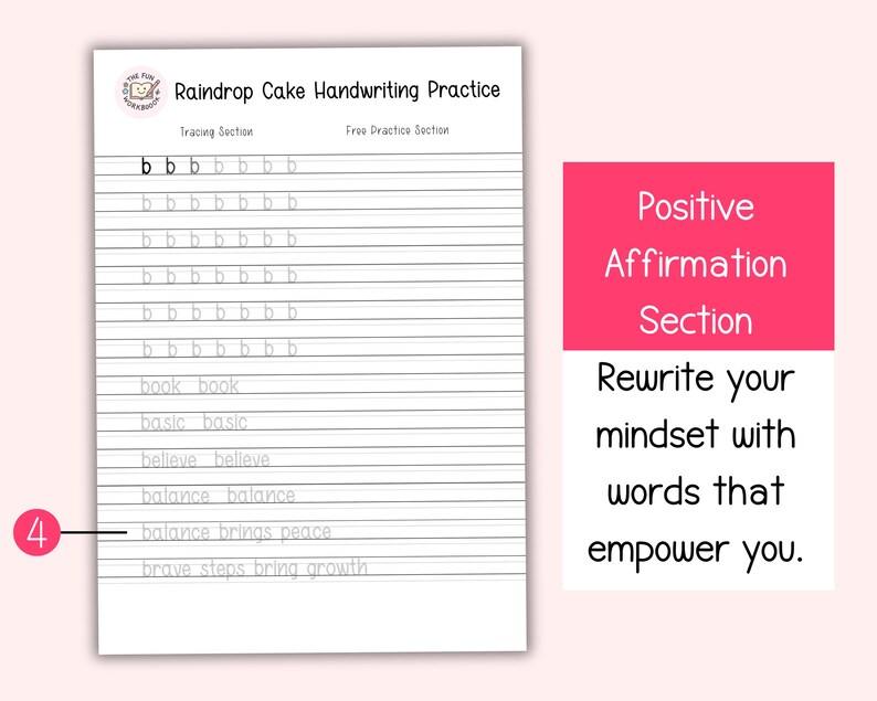 Puede incluir: Una hoja de trabajo de pr&aacute;ctica de escritura a mano titulada "Raindrop Cake Handwriting Practice" con secciones de trazado y pr&aacute;ctica libre. La hoja de trabajo incluye l&iacute;neas para practicar la letra "b" y palabras como "book" y "basic". Un cuadro rosa a la derecha contiene afirmaciones positivas.
