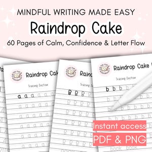 Puede incluir: Un cuaderno de trabajo titulado "Raindrop Cake" con ejercicios de trazo de letras. El texto de la portada dice "Mindful Writing Made Easy". La imagen muestra varias p&aacute;ginas con ejercicios de trazo de letras, incluyendo las letras "A" y "B".
