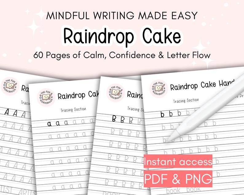 Puede incluir: Un cuaderno de trabajo titulado "Raindrop Cake" con ejercicios de trazo de letras. El texto de la portada dice "Mindful Writing Made Easy". La imagen muestra varias p&aacute;ginas con ejercicios de trazo de letras, incluyendo las letras "A" y "B".