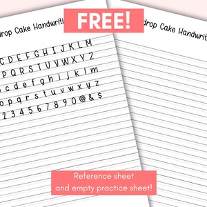 Puede incluir: Dos hojas blancas de pr&aacute;ctica de escritura a mano con el texto "Raindrop Cake Handwriting Practice" y "FREE!". Una hoja muestra el alfabeto, los n&uacute;meros y los s&iacute;mbolos. La otra hoja est&aacute; en blanco. Una pancarta rosa dice "Reference sheet and empty practice sheet!"