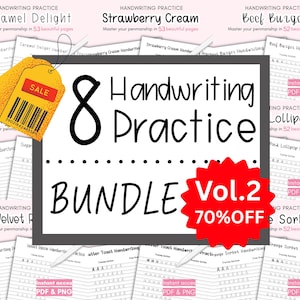 Puede incluir: Un paquete de cuadernos de práctica de escritura a mano, Vol. 2, con una etiqueta de venta con un 70% de descuento. El paquete incluye ocho cuadernos con títulos como "Caramel Delight" y "Strawberry Cream".