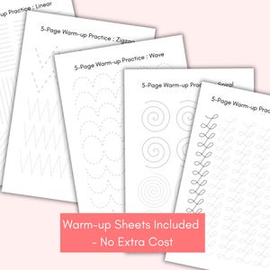 Puede incluir: Un conjunto de hojas de papel blanco con varios patrones de l&iacute;neas para practicar la escritura a mano. Las hojas incluyen dise&ntilde;os lineales, en zigzag, de onda, espiral e infinito. El texto en las hojas dice "5-Page Warm-up Practice". Una pancarta rosa en la parte inferior dice "Warm-up Sheets Included - No Extra Cost."