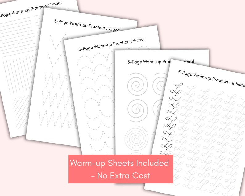 Puede incluir: Un conjunto de hojas de papel blanco con varios patrones de l&iacute;neas para practicar la escritura a mano. Las hojas incluyen dise&ntilde;os lineales, en zigzag, de onda, espiral e infinito. El texto en las hojas dice "5-Page Warm-up Practice". Una pancarta rosa en la parte inferior dice "Warm-up Sheets Included - No Extra Cost."