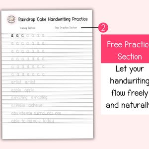 Puede incluir: Una hoja de trabajo de pr&aacute;ctica de escritura a mano titulada "Raindrop Cake Handwriting Practice". Presenta ejercicios de trazado para la letra "a" y palabras como "artista" y "manzana". Una secci&oacute;n rosa a la derecha fomenta la pr&aacute;ctica de escritura libre.