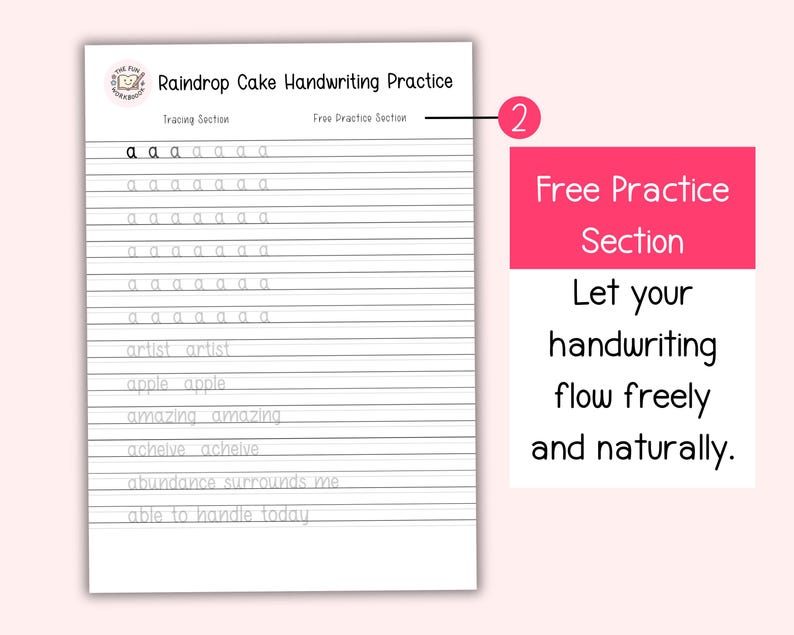 Puede incluir: Una hoja de trabajo de pr&aacute;ctica de escritura a mano titulada "Raindrop Cake Handwriting Practice". Presenta ejercicios de trazado para la letra "a" y palabras como "artista" y "manzana". Una secci&oacute;n rosa a la derecha fomenta la pr&aacute;ctica de escritura libre.