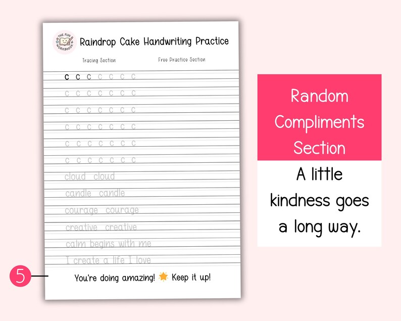 Puede incluir: Una hoja de ejercicios de escritura a mano blanca titulada "Raindrop Cake Handwriting Practice". Presenta ejercicios de trazado para la letra "c" y palabras como "cloud" y "candle". Una secci&oacute;n rosa dice "Random Compliments Section" con el texto "A little kindness goes a long way."