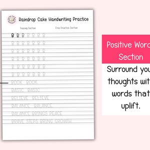 Puede incluir: Una hoja de pr&aacute;ctica de escritura a mano titulada "Raindrop Cake Handwriting Practice" con secciones de trazado y pr&aacute;ctica libre. La hoja incluye l&iacute;neas para practicar la letra "B" y palabras positivas como "book" y "basic". Una secci&oacute;n rosa a la derecha dice "Positive Words Section".