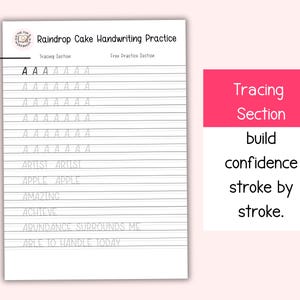 Puede incluir: Una hoja de ejercicios de escritura a mano titulada "Raindrop Cake Handwriting Practice". Incluye secciones de trazado para la letra "A" y palabras como "Artist" y "Amazing". Un cuadro rosa a la derecha dice "Tracing Section build confidence stroke by stroke."