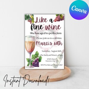 Einladung Vorlage, Mädchen Geburtstag, Frau Geburtstag, Geburtstag für Erwachsene, Wein, Geburtstagsparty, Party Einladung, Sofort Download