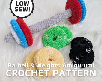 May include: Crochet amigurumi pattern for a barbell and weights. The barbell is gray with red and blue weights. The weights are green, yellow, and black.