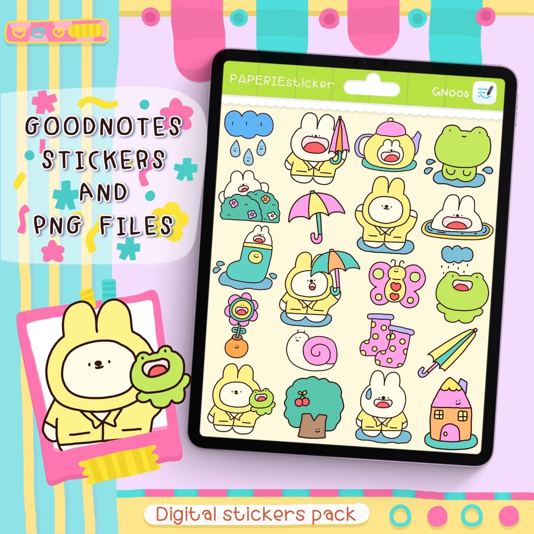 Cute Rainy Day Digital Stickers for Goodnotes – Hand Drawn Bunny & Frog ...