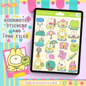 Cute Rainy Day Digital Stickers for Goodnotes – Hand Drawn Bunny & Frog Kawaii Stickers | PNG, PDF, iPad Digital Planner Sticker Pack