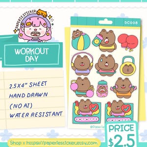 Cute Workout Bear Stickers | Fitness Planner Stickers | Gym Bunny Journal Stickers | Kawaii Hand Drawn Water-Resistant Sheet