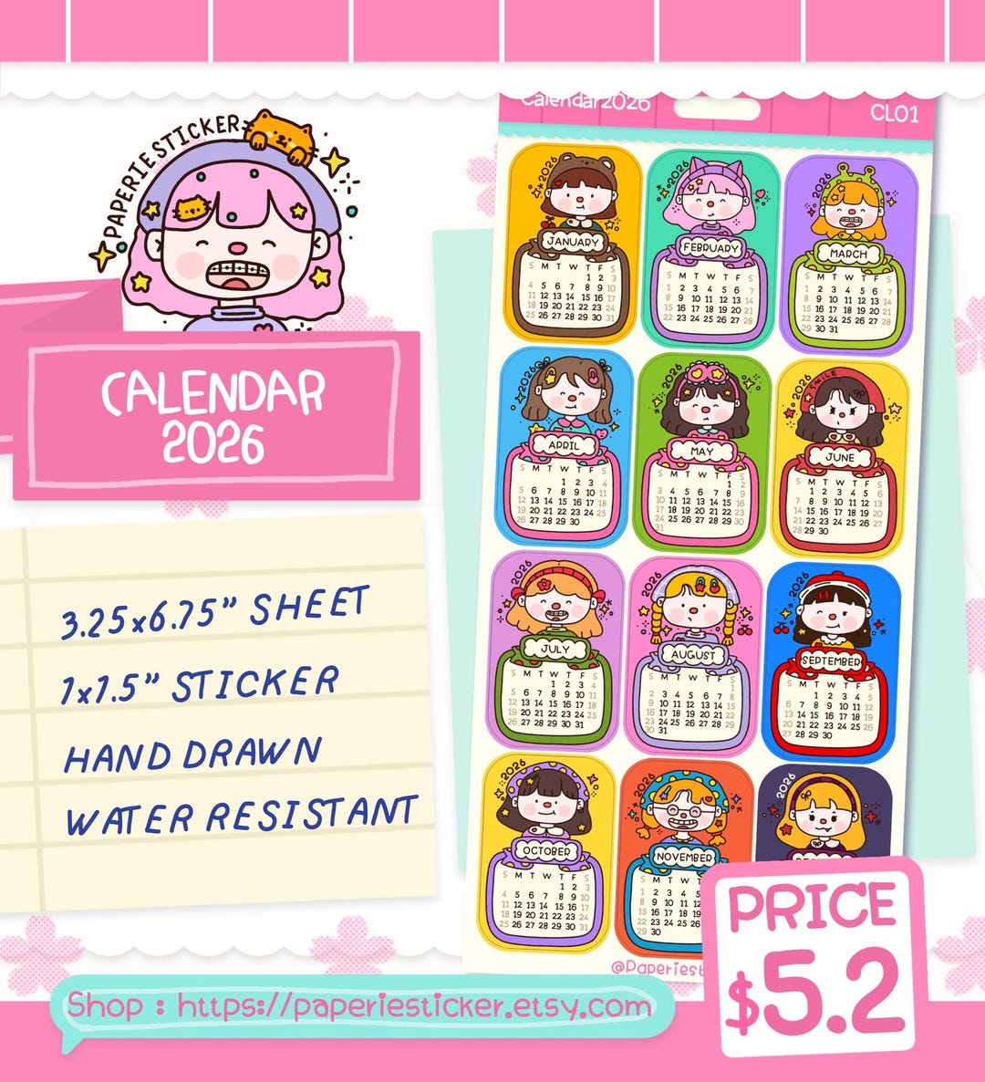 2026 Calendar Sticker Sheet: Hand-drawn Kawaii Girls, Water-resistant ...