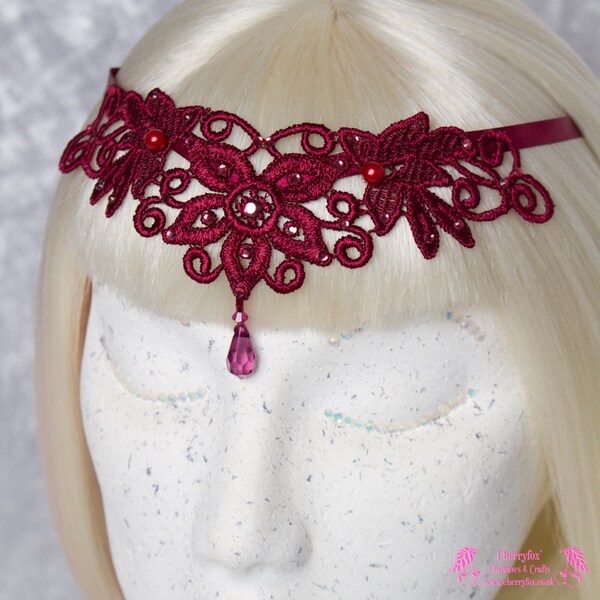 Burgundy Lace Head Piece, crystal, Red, Victorian, Steampunk, Goth, Bride, Bridal, Headdress, Maang Tikka, Crown, Circlet, Tiara, Fairy