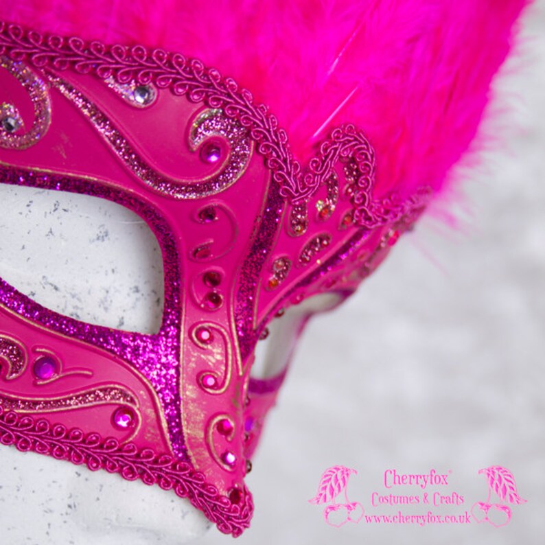 Fetish Victorian Steampunk Bridal Rhinestone Pink Feather Mask /'Carnival Queen/' Masquerade Venetian Wedding Mardi Gras