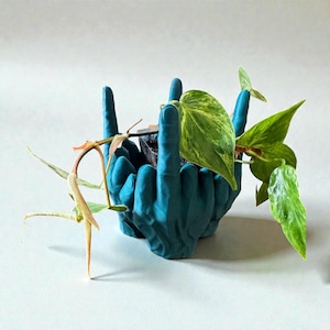 May include: A teal-colored, hand-shaped planter holding a small potted plant with green and yellow variegated leaves. The planter's fingers are extended upwards, creating a unique and artistic design. The plant's vines cascade over the sides.
