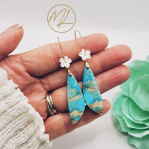 Turquoise Earrings - Handcrafted Statement Jewelry with Mother of Pearl Flowers
