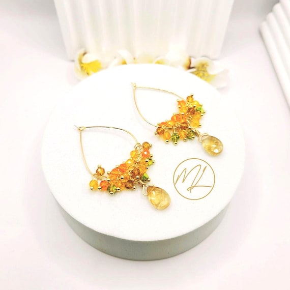 Aros de citrino con alambre de cristal Joyería artesanal de