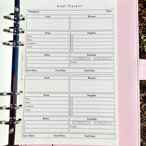 May include: A light pink six-ring binder containing a Goal Tracker insert. The white paper features sections for Category, Year, Goal, Reason, Setup, Supplies, Rules, Schedule, and dates. The text My Sisters' Pages is printed vertically.